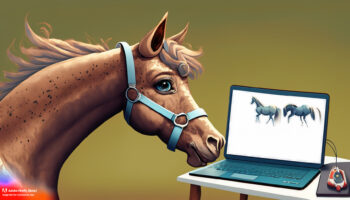 AI drawing of horse looking at computer