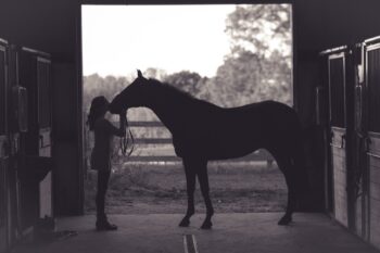A woman and her horse standing in the alley of a barn